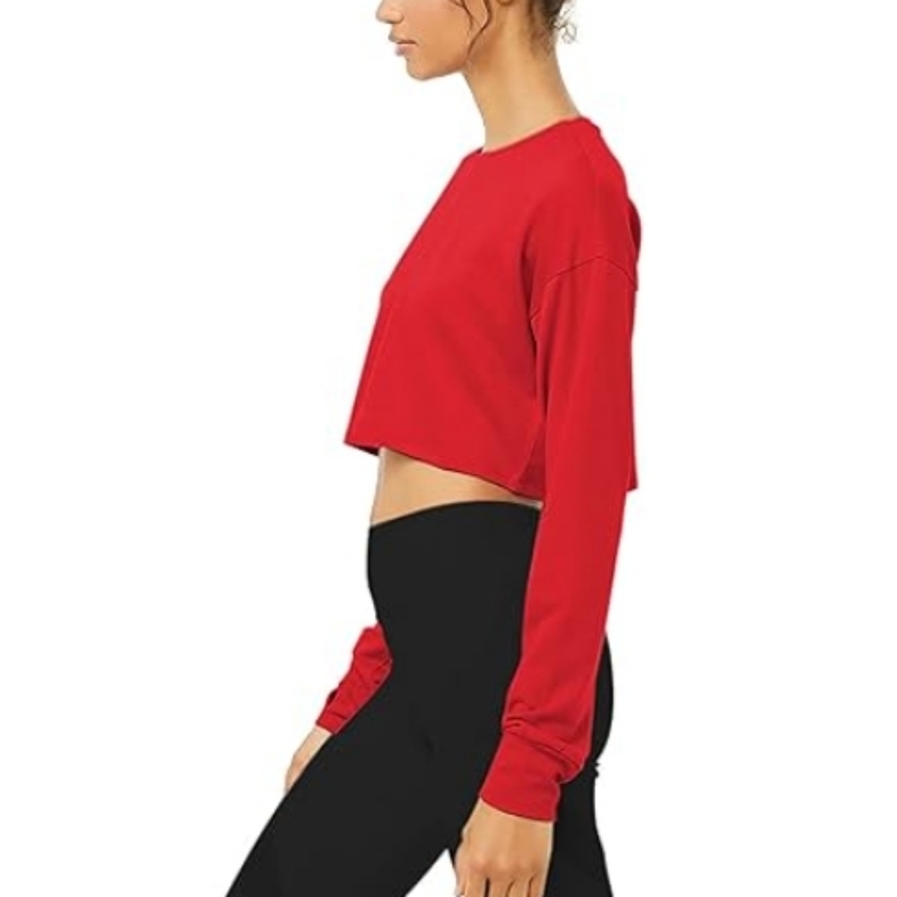 Bestisn Long Sleeve Crop Sweatshirt Top with Thumb Hole Red - Picture 3 of 5